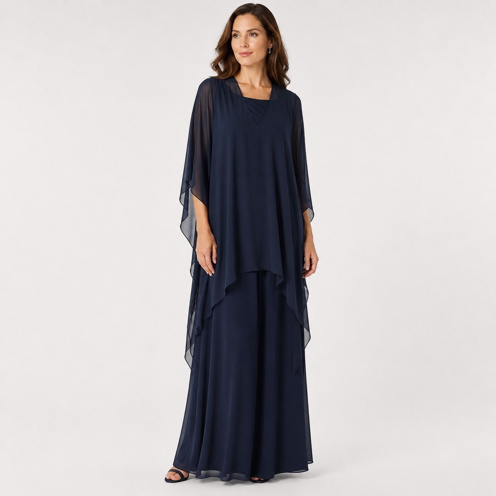Lauren Ralph Lauren Evening Jumpsuit Women Size 18 Navy Chiffon Cape Overlay NWT